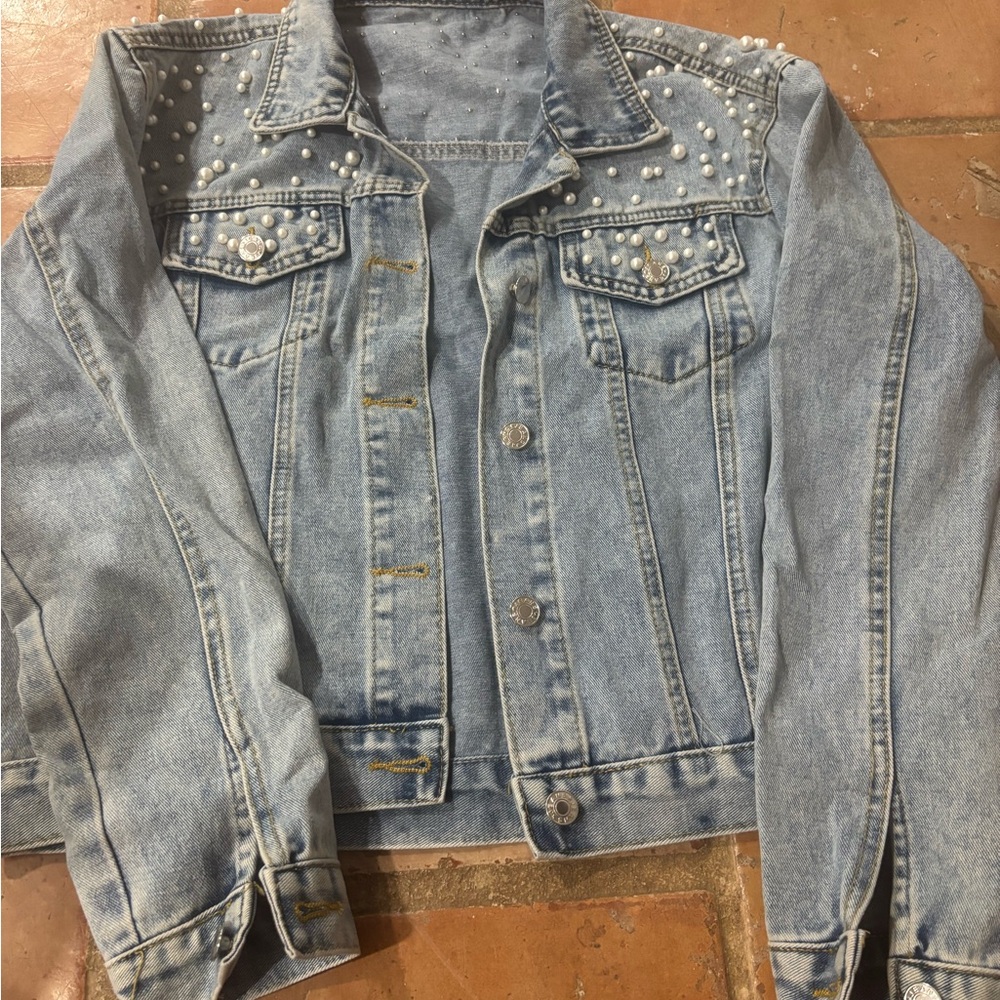 Women's Light Blue Jean Jacket with Pearl Accents